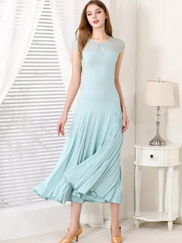Robe de danse pour femmes col rond manches courtes jupe plissée costumes de danse de salon
