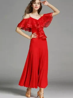 Robe de danse à volants pour femmes grande jupe trapèze costumes de danse de salon lyrique bretelles spaghetti vêtements de danse