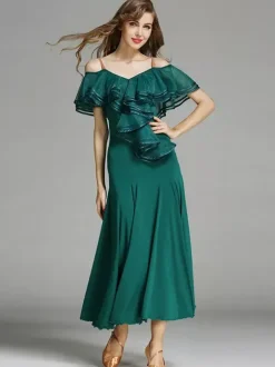 Robe de danse à volants pour femmes grande jupe trapèze costumes de danse de salon lyrique bretelles spaghetti vêtements de danse