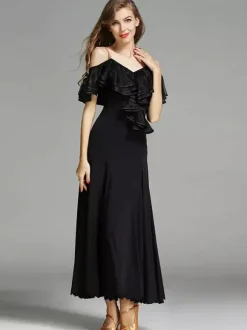 Robe de danse à volants pour femmes grande jupe trapèze costumes de danse de salon lyrique bretelles spaghetti vêtements de danse