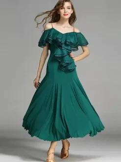 Robe de danse à volants pour femmes grande jupe trapèze costumes de danse de salon lyrique bretelles spaghetti vêtements de danse