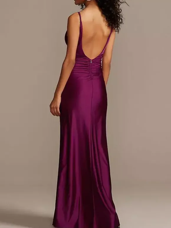 Robe de demoiselle d'honneur bordeaux en satin de soie stretch col V à bretelle au sol robe de soirée de mariage