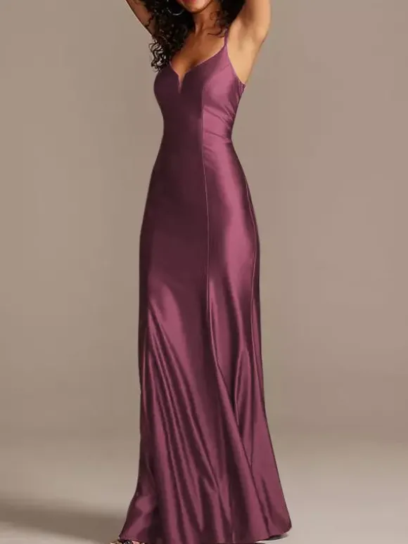 Robe de demoiselle d'honneur bordeaux en satin de soie stretch col V à bretelle au sol robe de soirée de mariage