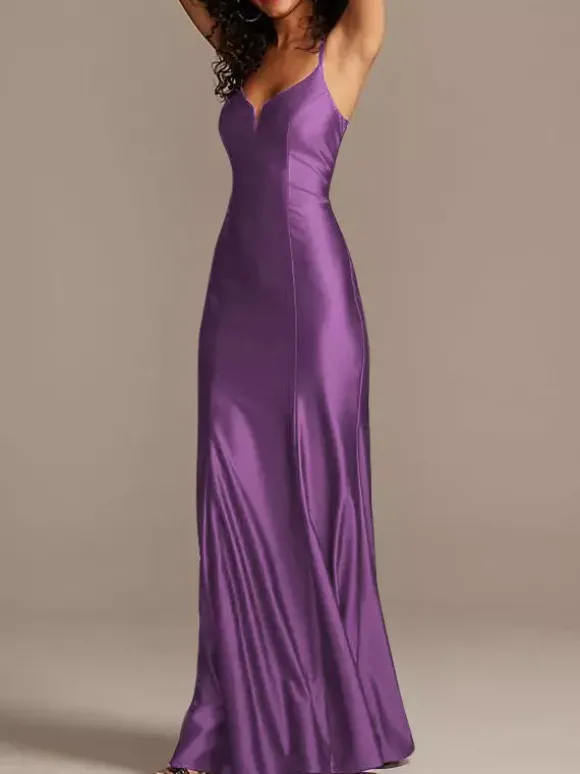 Robe de demoiselle d'honneur bordeaux en satin de soie stretch col V à bretelle au sol robe de soirée de mariage