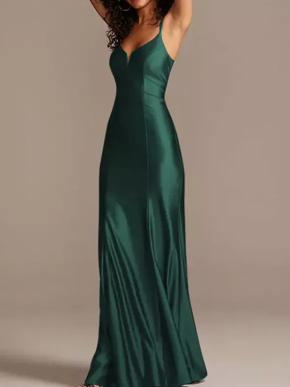 Robe de demoiselle d'honneur bordeaux en satin de soie stretch col V à bretelle au sol robe de soirée de mariage