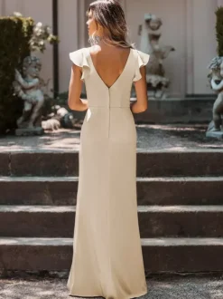 Robe de demoiselle d'honneur col V jupe fendu zip sur dos