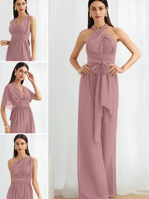 Robe de demoiselle d'honneur combinaison longueur au sol fermeture éclair robes formelles en mousseline de soie