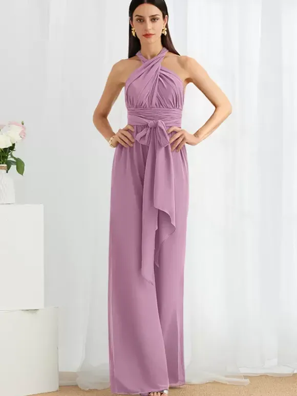Robe de demoiselle d'honneur combinaison longueur au sol fermeture éclair robes formelles en mousseline de soie