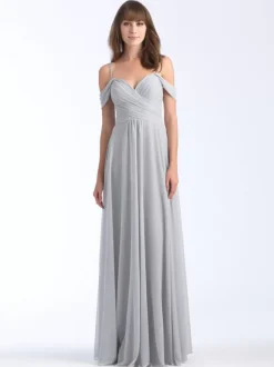 Robe de demoiselle d'honneur décolleté en c艙ur épaules dénudées mousseline froncée robes longues trapèze