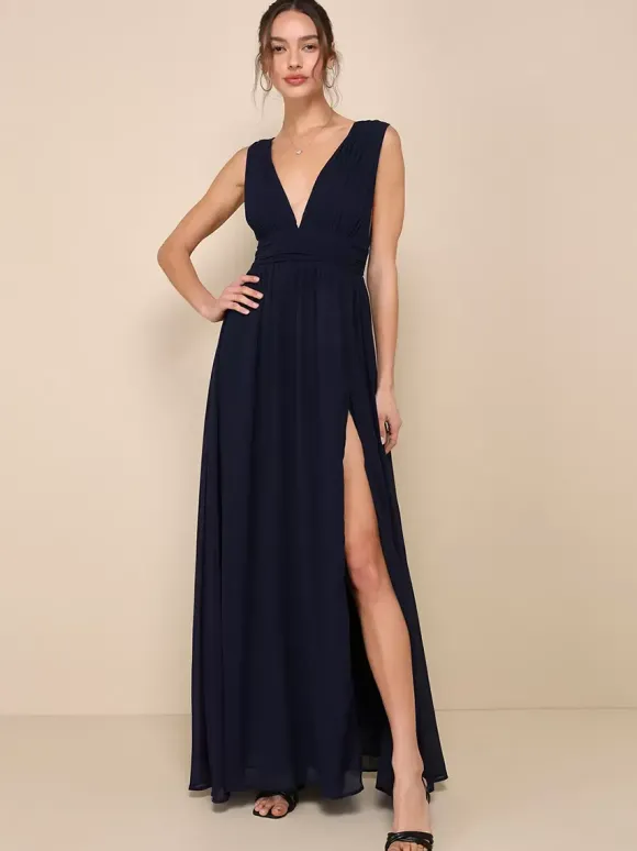 Robe de demoiselle d'honneur dos en V taille Empire fente haute ligne a robes de soirée de mariage en mousseline