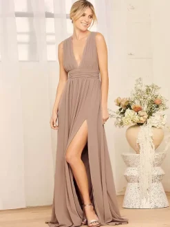 Robe de demoiselle d'honneur dos en V taille Empire fente haute ligne a robes de soirée de mariage en mousseline