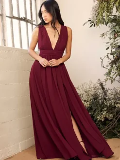 Robe de demoiselle d'honneur dos en V taille Empire fente haute ligne a robes de soirée de mariage en mousseline