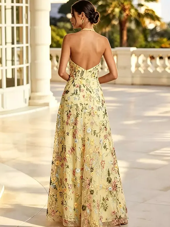 Robe de demoiselle d'honneur dos nu à broderies florales rose poudré coupe trapèze en tulle long robe de mariée longue en tulle.