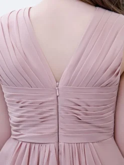 Robe de demoiselle d'honneur en mousseline de soie plissée col en V sans manches rose lotus