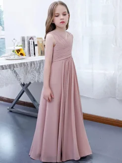 Robe de demoiselle d'honneur en mousseline de soie plissée col en V sans manches rose lotus