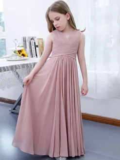 Robe de demoiselle d'honneur en mousseline de soie plissée col en V sans manches rose lotus