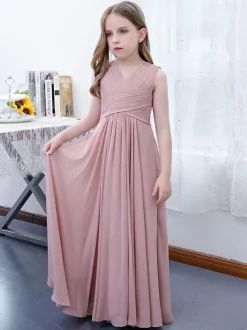 Robe de demoiselle d'honneur en mousseline de soie plissée col en V sans manches rose lotus