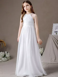 Robe de demoiselle d'honneur en mousseline de soie découpée dos nu sans manches ivoire
