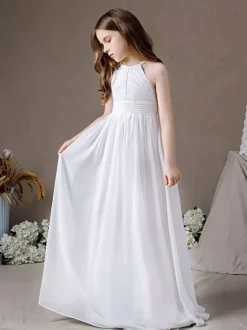 Robe de demoiselle d'honneur en mousseline de soie découpée dos nu sans manches ivoire