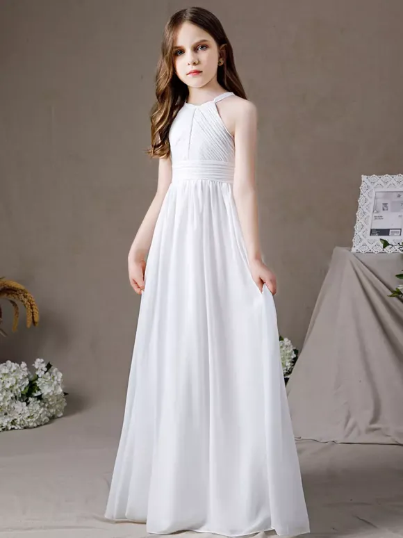 Robe de demoiselle d'honneur en mousseline de soie découpée dos nu sans manches ivoire
