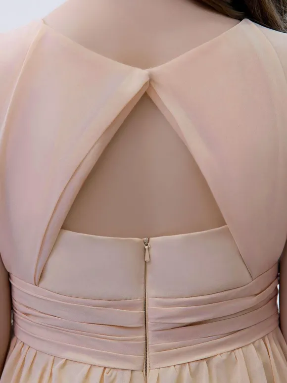 Robe de demoiselle d'honneur en mousseline de soie plissée col bijou sans manches champagne
