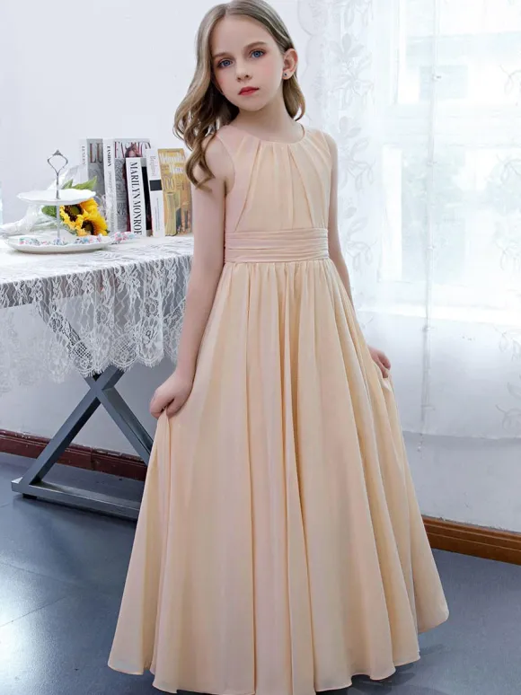 Robe de demoiselle d'honneur en mousseline de soie plissée col bijou sans manches champagne