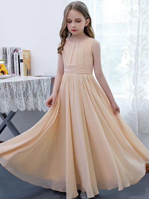 Robe de demoiselle d'honneur en mousseline de soie plissée col bijou sans manches champagne