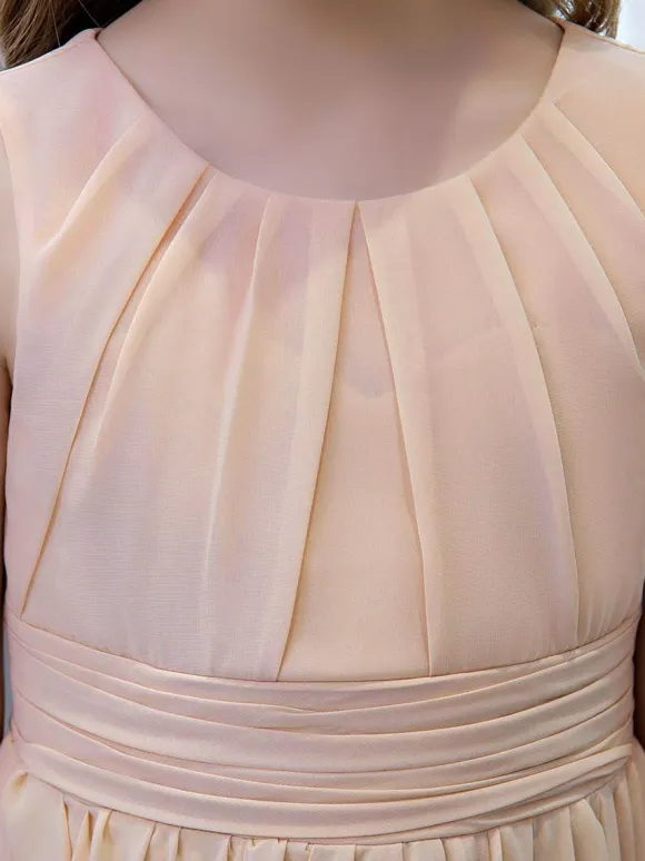 Robe de demoiselle d'honneur en mousseline de soie plissée col bijou sans manches champagne
