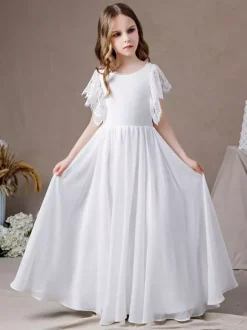 Robe de demoiselle d'honneur en dentelle à manches courtes en mousseline de soie longue robe de soirée
