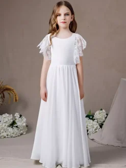 Robe de demoiselle d'honneur en dentelle à manches courtes en mousseline de soie longue robe de soirée