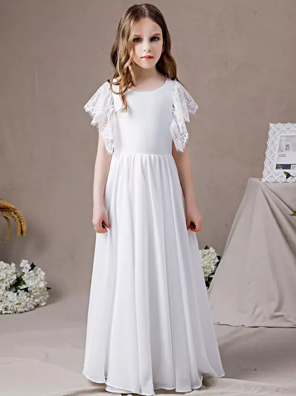 Robe de demoiselle d'honneur en dentelle à manches courtes en mousseline de soie longue robe de soirée