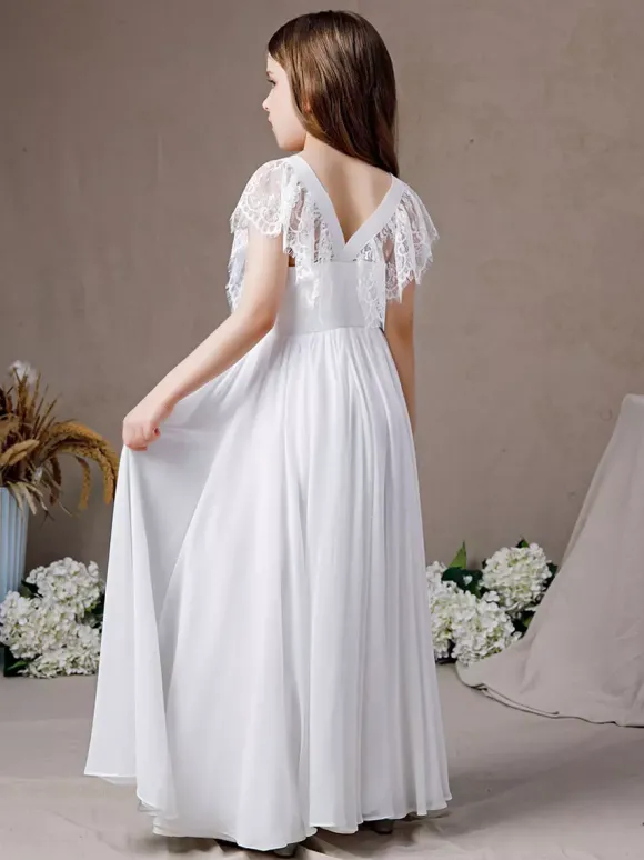 Robe de demoiselle d'honneur en dentelle à manches courtes en mousseline de soie longue robe de soirée