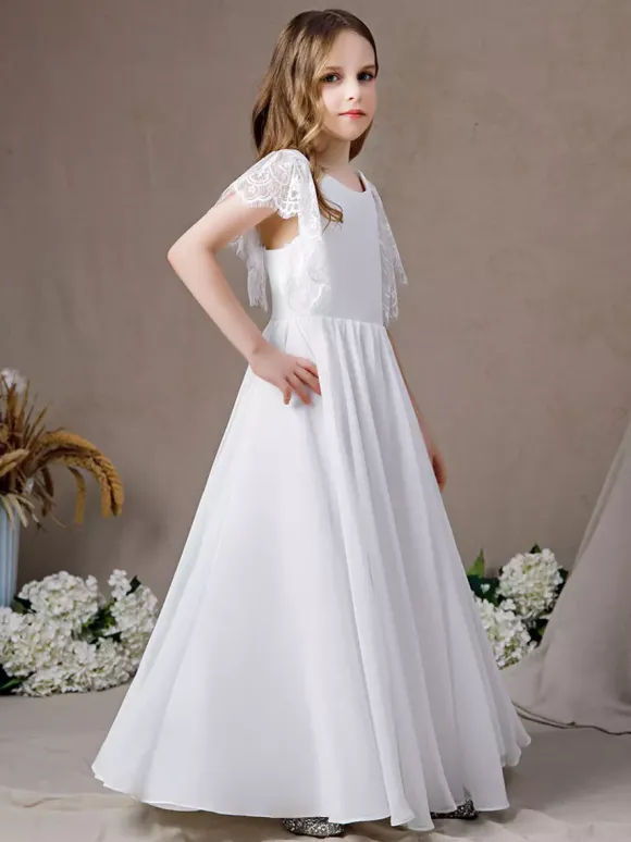 Robe de demoiselle d'honneur en dentelle à manches courtes en mousseline de soie longue robe de soirée