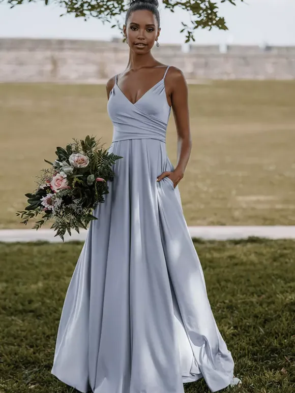 Robe de demoiselle d'honneur en satin de soie stretch à bretelle jupe fendue
