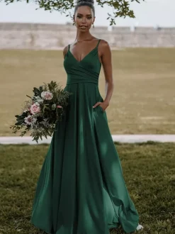 Robe de demoiselle d'honneur en satin de soie stretch à bretelle jupe fendue