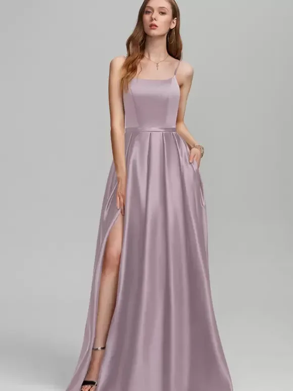 Robe de demoiselle d'honneur en tissu satiné ligne a longueur au sol robes formelles