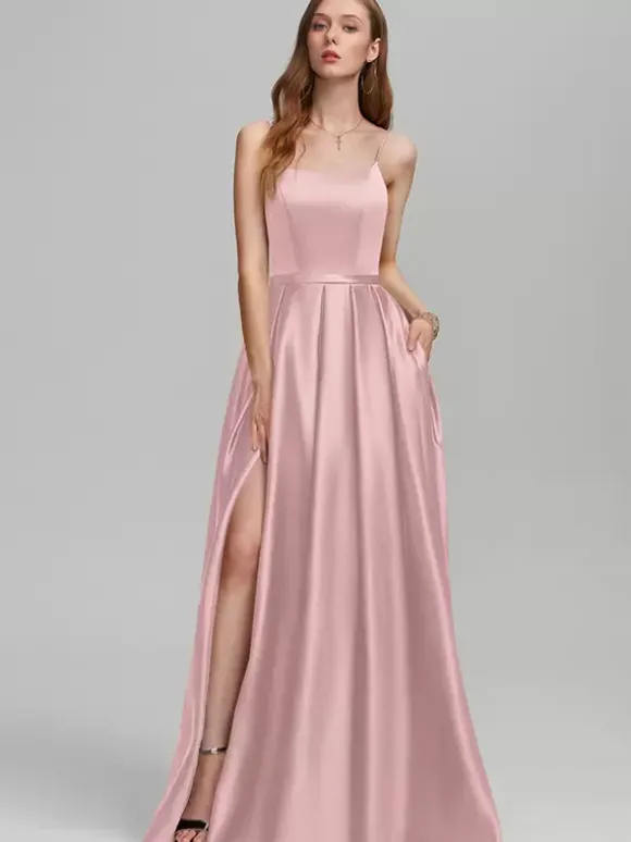 Robe de demoiselle d'honneur en tissu satiné ligne a longueur au sol robes formelles