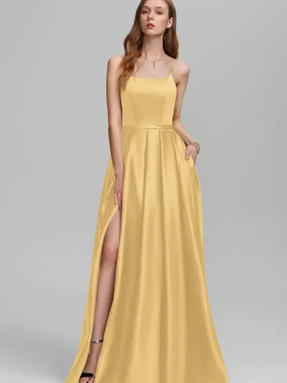 Robe de demoiselle d'honneur en tissu satiné ligne a longueur au sol robes formelles