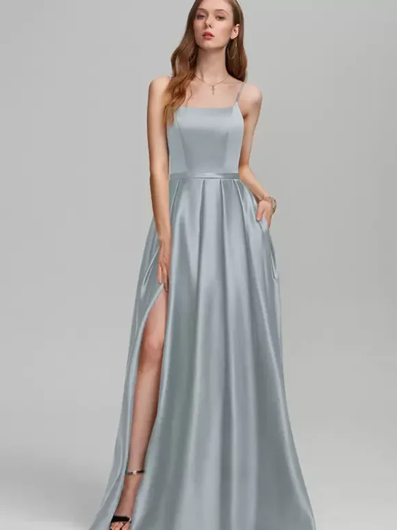 Robe de demoiselle d'honneur en tissu satiné ligne a longueur au sol robes formelles
