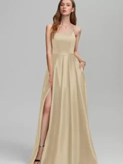 Robe de demoiselle d'honneur en tissu satiné ligne a longueur au sol robes formelles