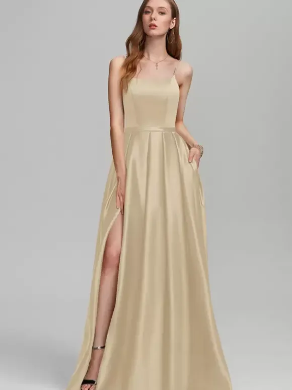 Robe de demoiselle d'honneur en tissu satiné ligne a longueur au sol robes formelles