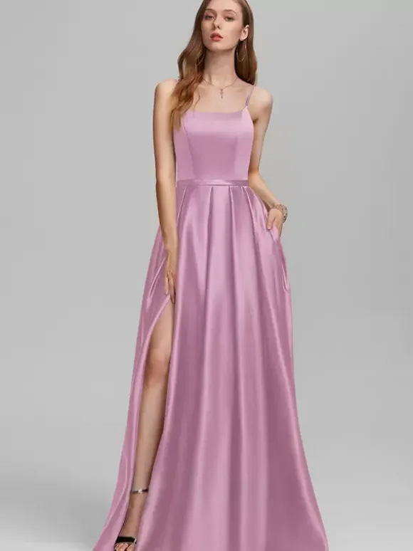 Robe de demoiselle d'honneur en tissu satiné ligne a longueur au sol robes formelles