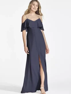 Robe de demoiselle d'honneur en mousseline de soie rose épaules dénudées robes longues fendues à volants