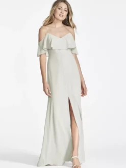 Robe de demoiselle d'honneur en mousseline de soie rose épaules dénudées robes longues fendues à volants