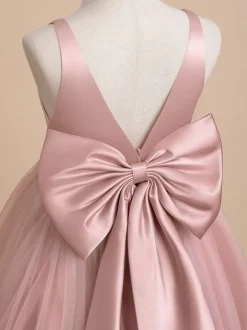 Robe de demoiselle d'honneur ivoire Tulle n艙uds col en V sans manches robes de soirée filles