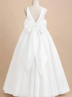 Robe de demoiselle d'honneur ivoire Tulle n艙uds col en V sans manches robes de soirée filles
