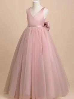 Robe de demoiselle d'honneur ivoire Tulle n艙uds col en V sans manches robes de soirée filles