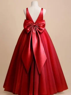 Robe de demoiselle d'honneur ivoire Tulle n艙uds col en V sans manches robes de soirée filles
