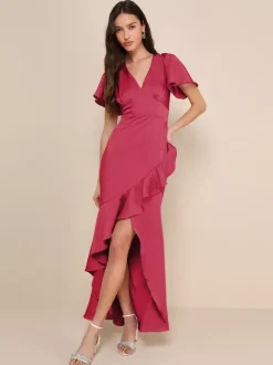 Robe de demoiselle d'honneur rose col en V volants asymétrique ligne a robe longue de bal