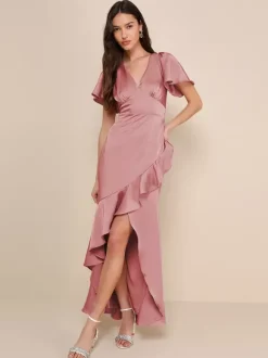 Robe de demoiselle d'honneur rose col en V volants asymétrique ligne a robe longue de bal